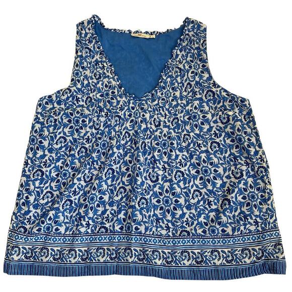 Vineyard Vines Sz L Katama Tile Blue Scarf Pintuck Top Blouse Coastal Boho - Picture 7 of 16